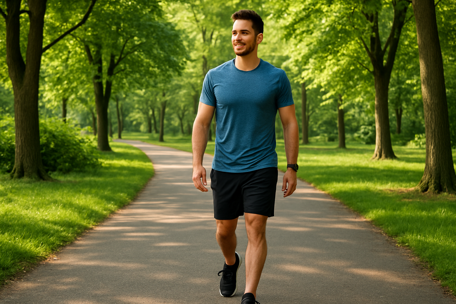 A man doing some exercise, going for a walk in the park