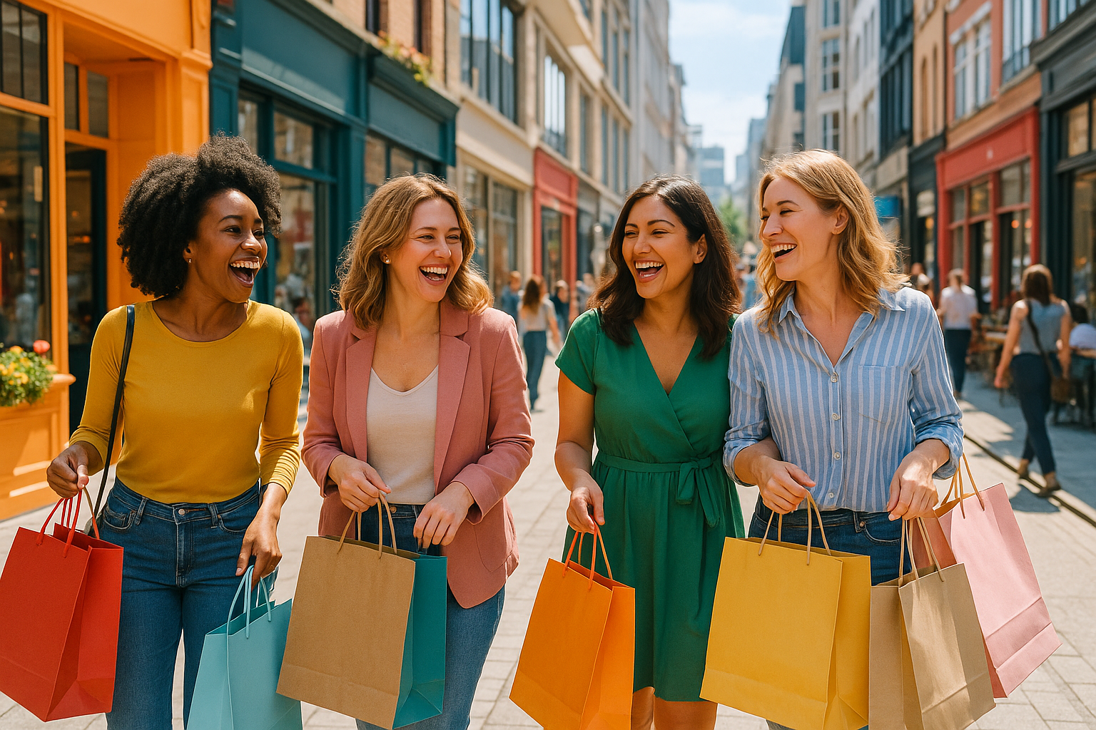 Women enjoying life walking through the shopping district